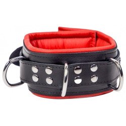 Large Collier BDSM 3 Anneaux en Cuir Noir et Rouge La Clef des Charmes