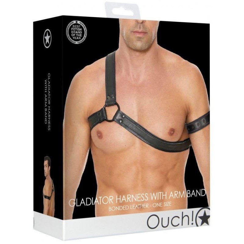 OUCH! Harnais Gladiator et Brassard en Cuir Noir Fetish BDSM