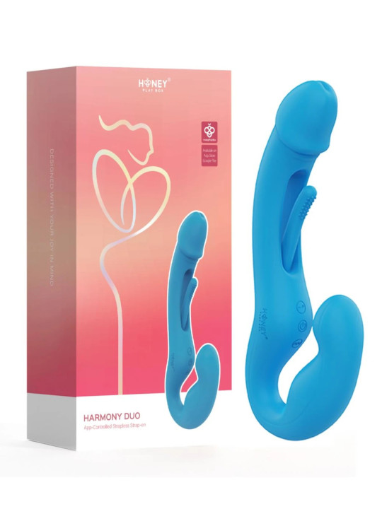 Harmony Duo Bleu Double Vibromasseur Strap-on Connecté Honey Play Box Harmony Duo Bleu Double Vibromasseur Strap-on Connecté Honey Play Box