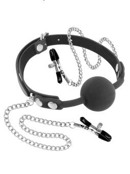 Bâillon Boule en Silicone avec Pinces Tétons Fetish Tentation