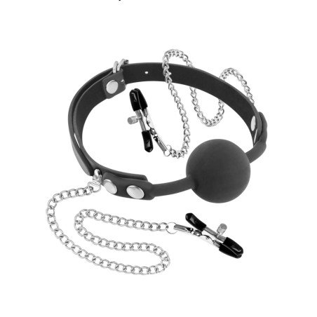 Bâillon Boule en Silicone avec Pinces Tétons Fetish Tentation