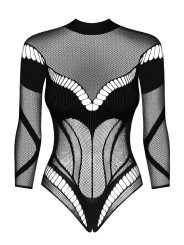 B135 Body Résille Noire Ajourée à Manches Longues