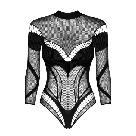 B135 Body Résille Noire Ajourée à Manches Longues
