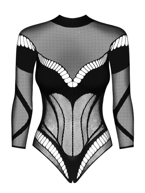 B135 Body Résille Noire Ajourée à Manches Longues
