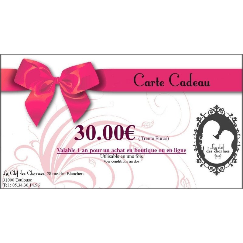 CARTE CADEAU 30€. La Clef des Charmes, Loveshop Toulouse