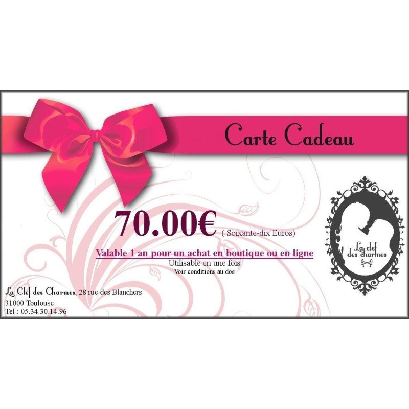 CARTE CADEAU 70€. La Clef des Charmes, Loveshop Toulouse