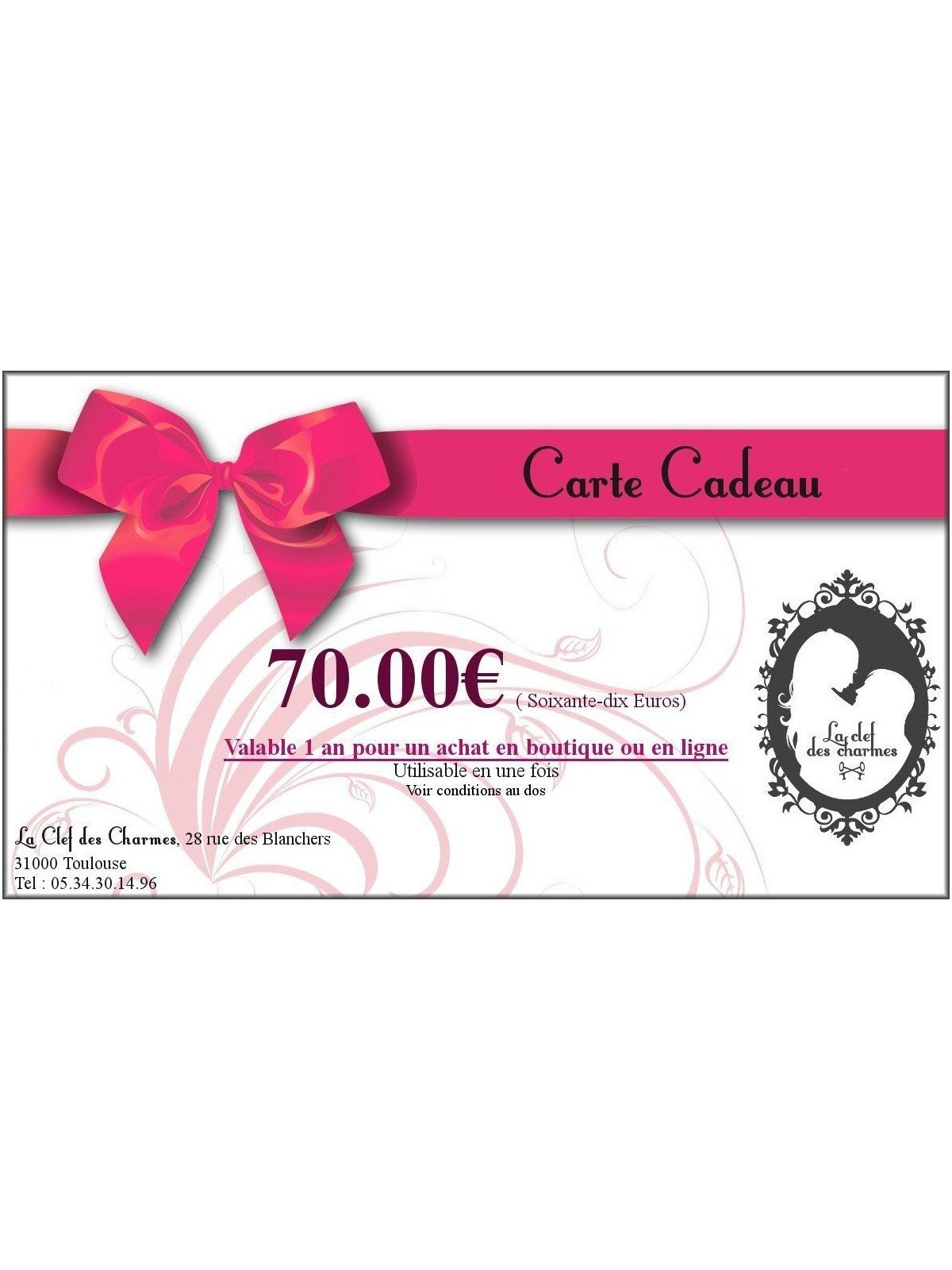 CARTE CADEAU 70€. La Clef des Charmes, Loveshop Toulouse