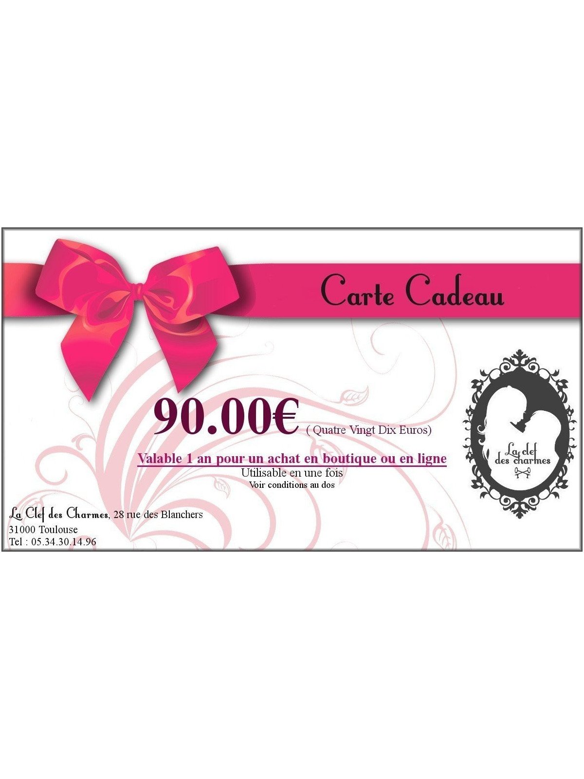 CARTE CADEAU 90€. La Clef des Charmes, Loveshop Toulouse