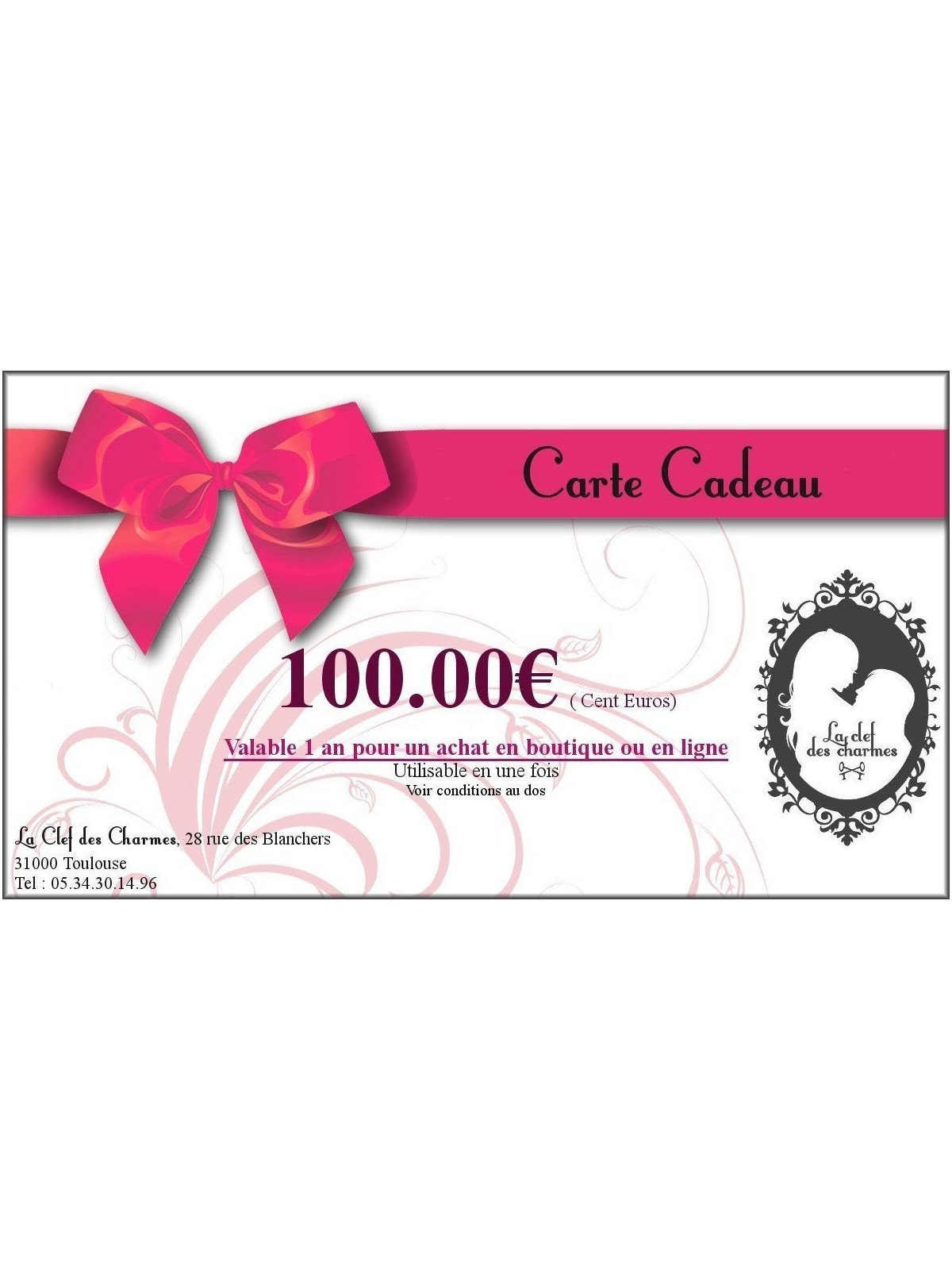 CARTE CADEAU 100€. La Clef des Charmes, Loveshop Toulouse