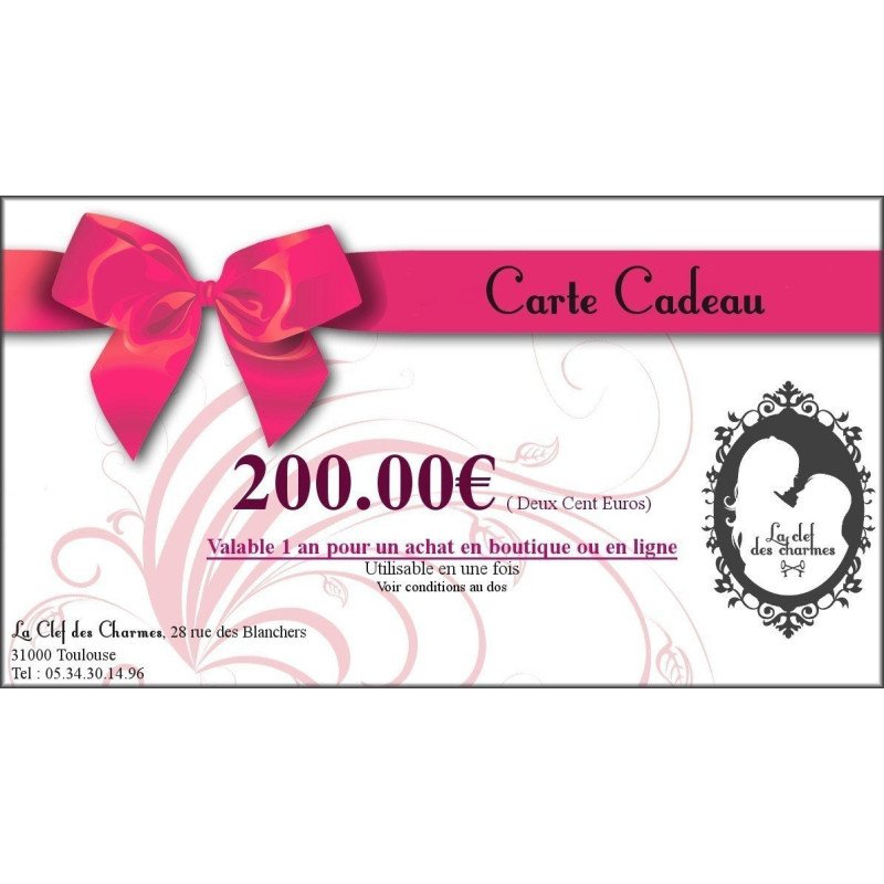 CARTE CADEAU 200€. La Clef des Charmes, Loveshop Toulouse