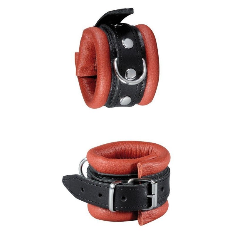 Menottes en Cuir Noir et Rouge La Clef des Charmes Accessoires BDSM