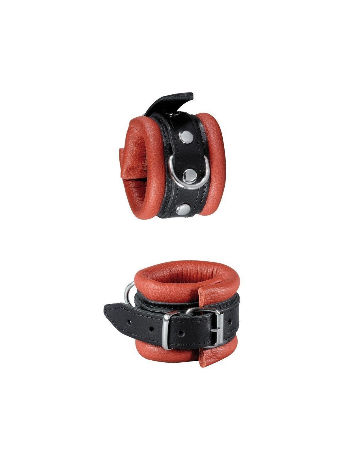 Menottes en Cuir Noir et Rouge La Clef des Charmes Accessoires BDSM