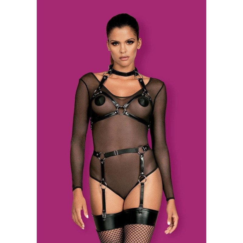 Obsessive Lingerie Harnais Porte Jarretelles en Simili Cuir Noir A741 La Clef des Charmes